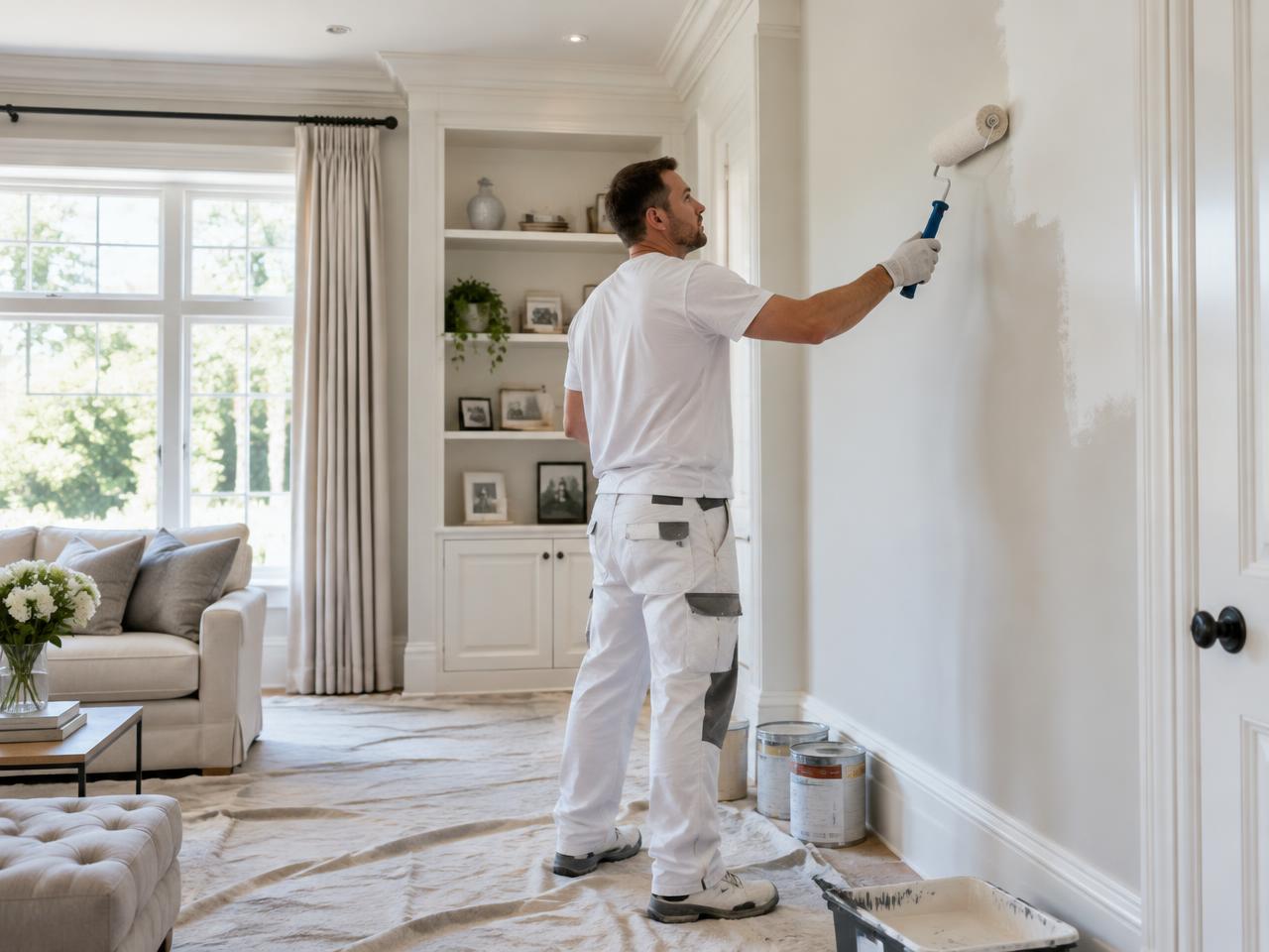 Decorator painting a wall in a high-quality Aberdeen living room